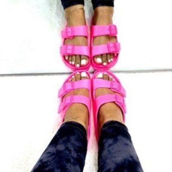 Neon Pink Comfy Double Buckle Sandals - Picture 6 of 9